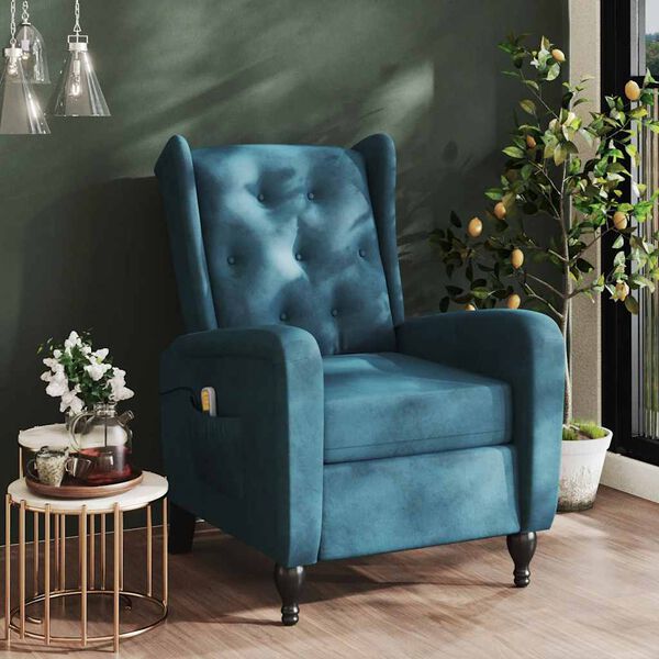 vidaXL Masažni naslanjač moder žamet