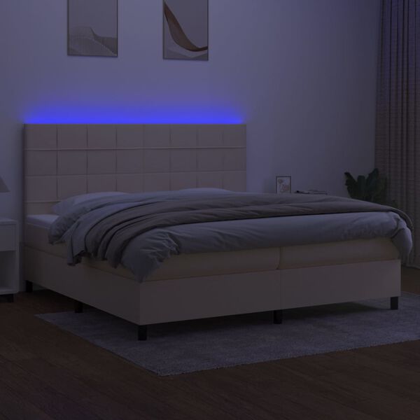 vidaXL Box spring postelja z vzmetnico LED krem 200x200 cm blago