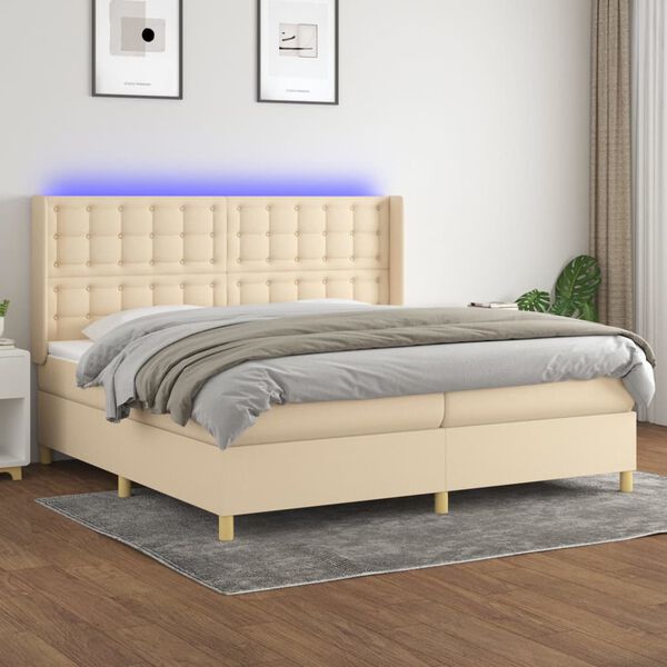 vidaXL Box spring postelja z vzmetnico LED krem 200x200 cm blago