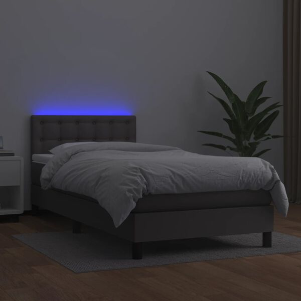 vidaXL Box spring postelja z vzmetnico LED siva 90x200 cm umetno usnje