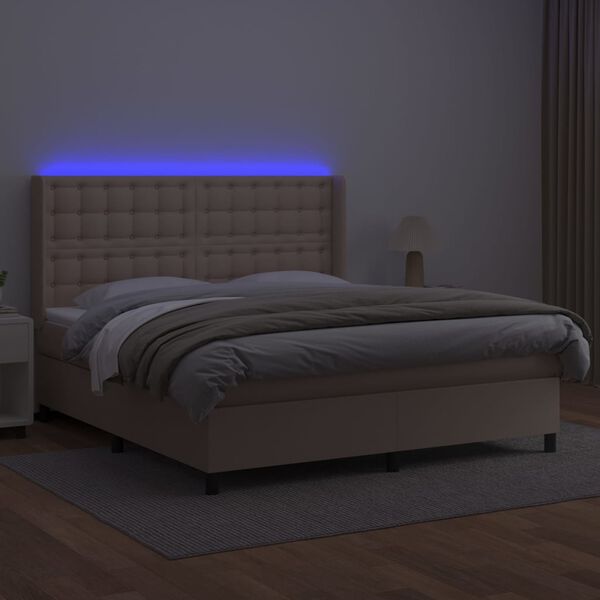 vidaXL Box spring postelja vzmetnico LED kapučino 180x200 cm um. usnje