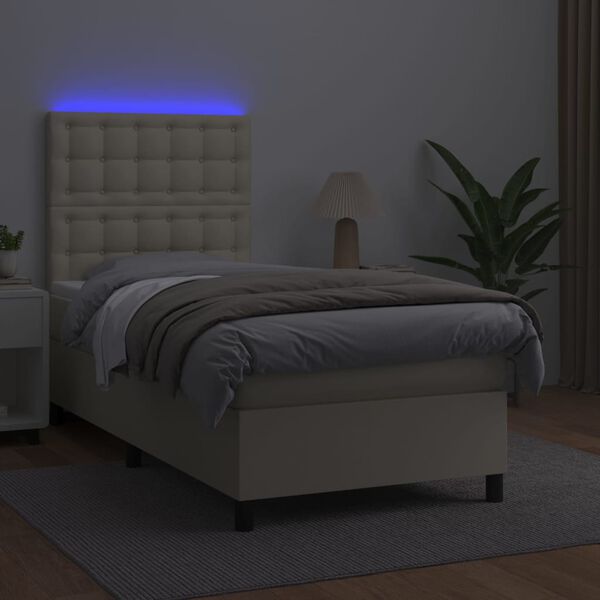 vidaXL Box spring postelja z vzmetnico LED krem 100x200cm umetno usnje
