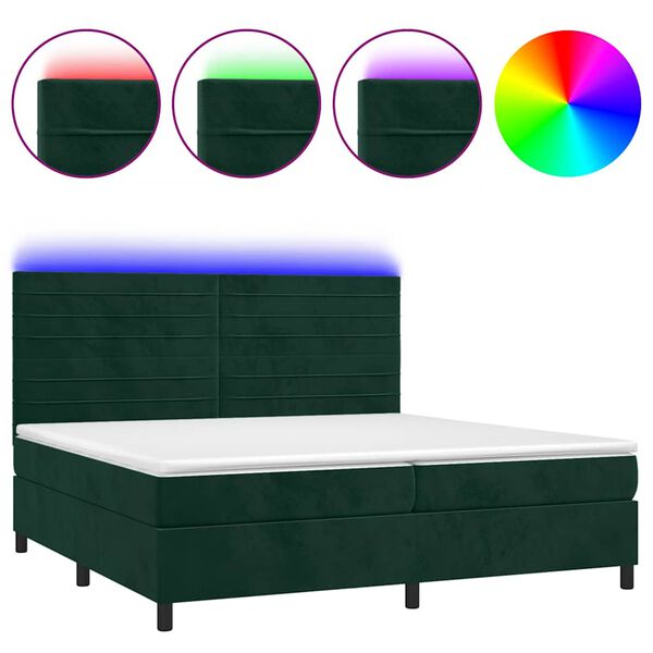 vidaXL Box spring postelja z vzmetnico LED tem. zelena 200x200cm žamet