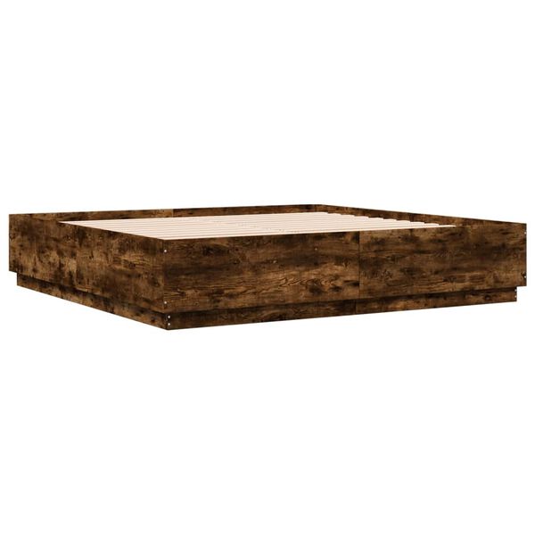 vidaXL Posteljni okvir z LED lučkami dim. hrast 200x200 cm inž. les