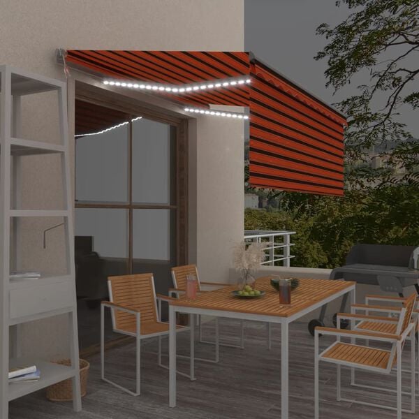 vidaXL Avtomatska tenda s senčilom LED + senzor 3,5x2,5m oranžna/rjava