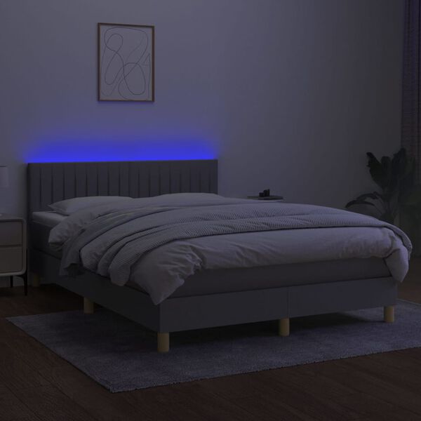 vidaXL Box spring postelja z vzmetnico LED sv. siva 140x200 cm blago