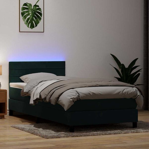 vidaXL Box spring postelja z vzmetnico LED temno zelena 80x220 cm žamet