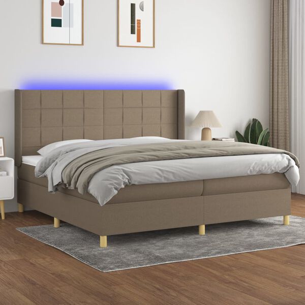 vidaXL Box spring postelja z vzmetnico LED taupe 200x200 cm blago