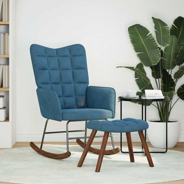 vidaXL Gugalni stol s stolčkom Modri žamet