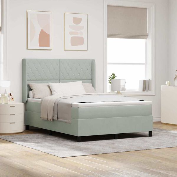 vidaXL Postelja z vzmetnico z LED lučmi Svetlo siva 140 x 200 cm Žamet