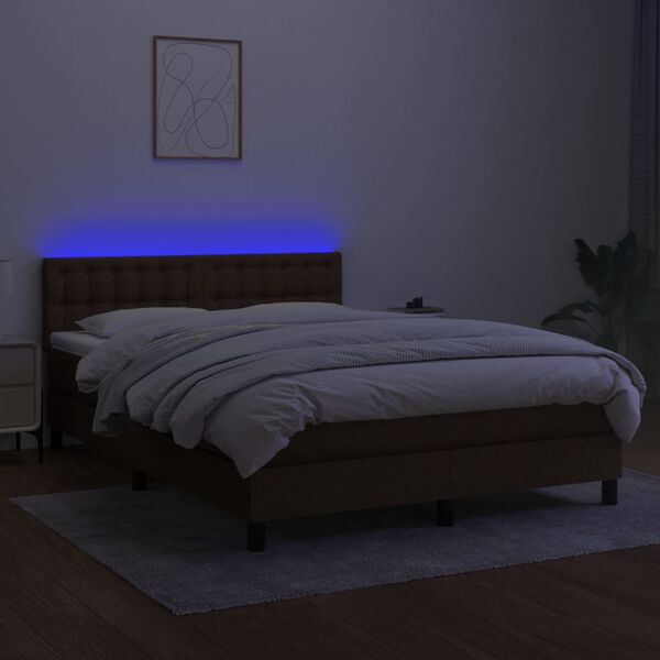 vidaXL Box spring postelja z vzmetnico LED temno rjava 140x200cm blago