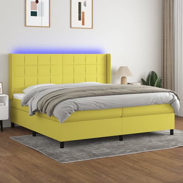 vidaXL Box spring postelja z vzmetnico LED zelena 200x200 cm blago