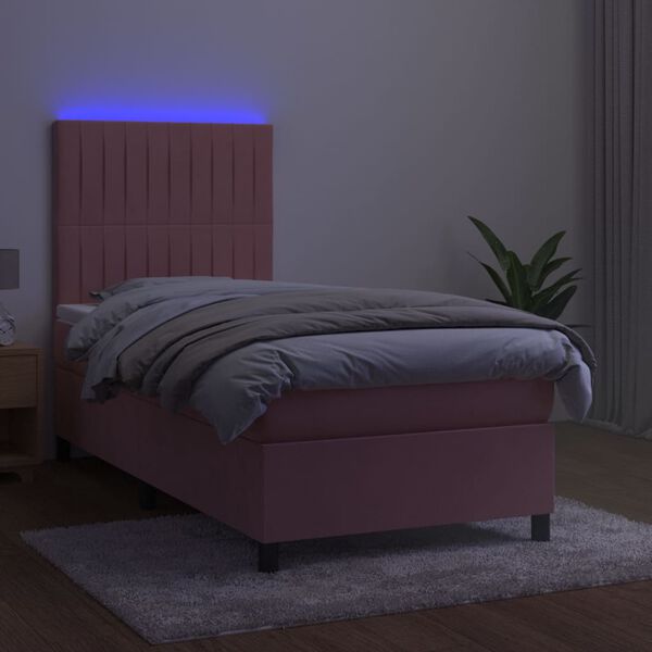 vidaXL Box spring postelja z vzmetnico LED roza 90x200 cm žamet