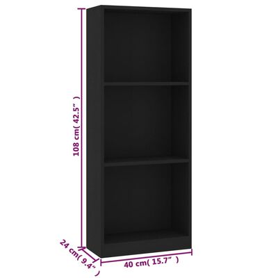 vidaXL Knjižna omara 3-nadstropna črna 40x24x108 cm iverna plošča