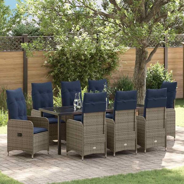 vidaXL Komplet za jedilnico v vrtu z blazino 9 pcs Črna Poly ratan