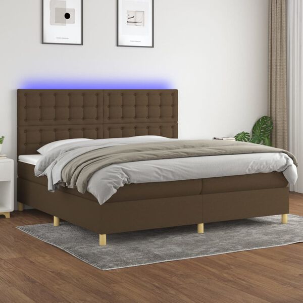 vidaXL Box spring postelja z vzmetnico LED temno rjava 200x200cm blago