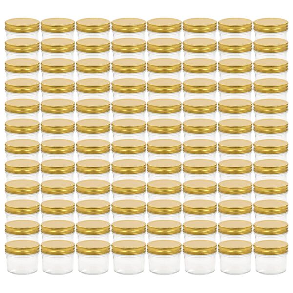 vidaXL Stekleni kozarci z zlatimi pokrovi 96 kosov 110 ml