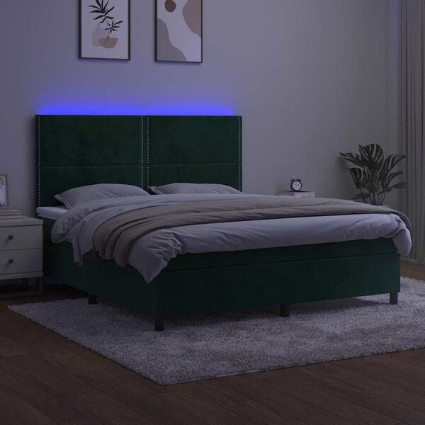 vidaXL Box spring postelja z vzmetnico LED tem. zelena 180x200cm žamet