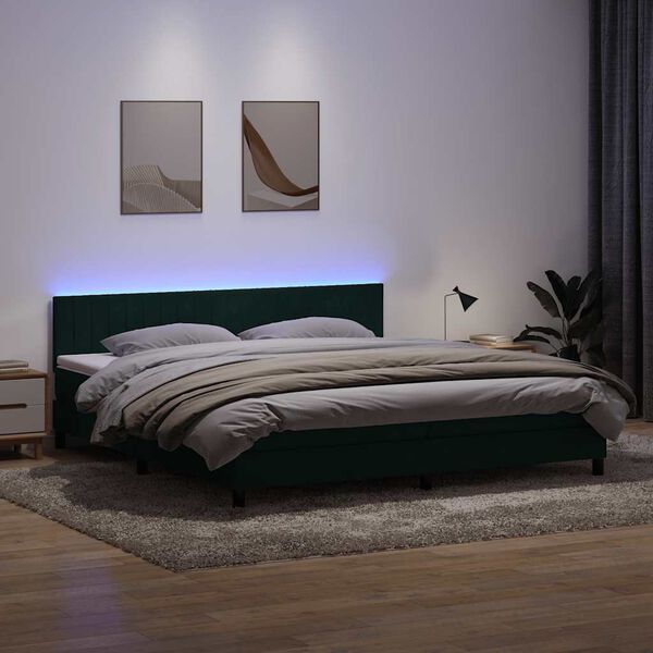 vidaXL Box spring postelja z vzmetnico LED Temno zelena 200x210 cm Žamet