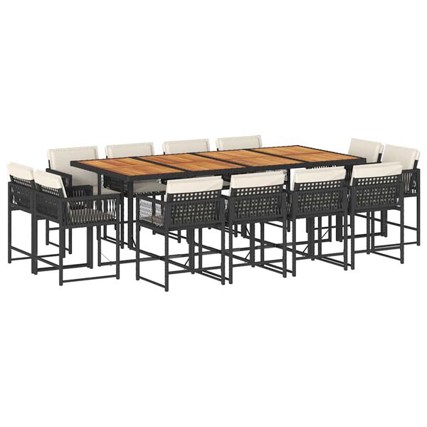 vidaXL Vrtna jedilna garnitura 13-delna z blazinami črn poli ratan