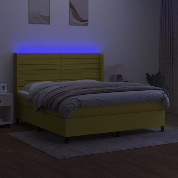 vidaXL Box spring postelja z vzmetnico LED zelena 180x200 cm blago