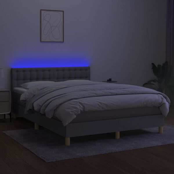 vidaXL Box spring postelja z vzmetnico LED svetlo siva 140x190cm blago