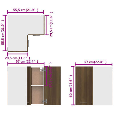vidaXL Viseča kotna omarica rjavi hrast 57x57x60 cm konstruiran les