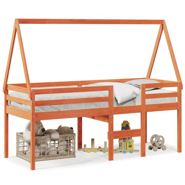 vidaXL Visoka postelja s streho voščeno rjava 90x190 cm trdna borovina