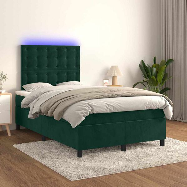vidaXL Box spring postelja z vzmetnico LED tem. zelena 120x200cm žamet