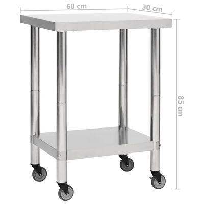 vidaXL Kuhinjska delovna miza s kolesi 60x30x85 cm nerjaveče jeklo