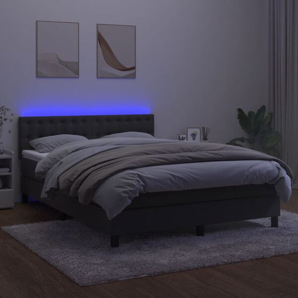 vidaXL Box spring postelja z vzmetnico LED temno siva 140x190 cm žamet