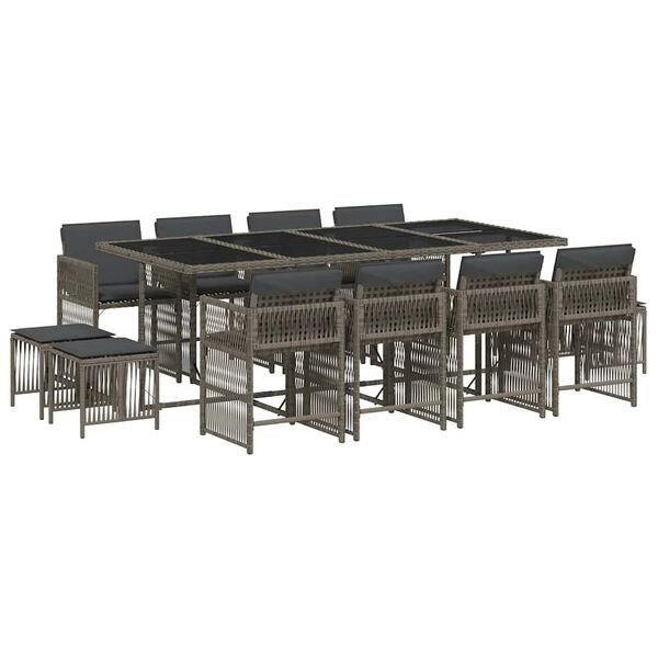 vidaXL Vrtna jedilna garnitura 13-delna z blazinami siv poli ratan