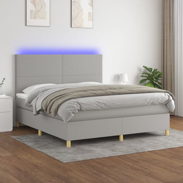 vidaXL Box spring postelja z vzmetnico LED sv. siva 160x200 cm blago