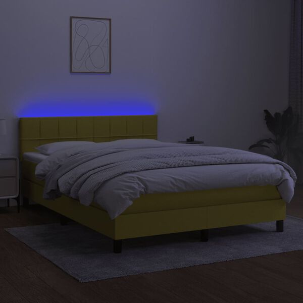 vidaXL Box spring postelja z vzmetnico LED zelena 140x200 cm blago