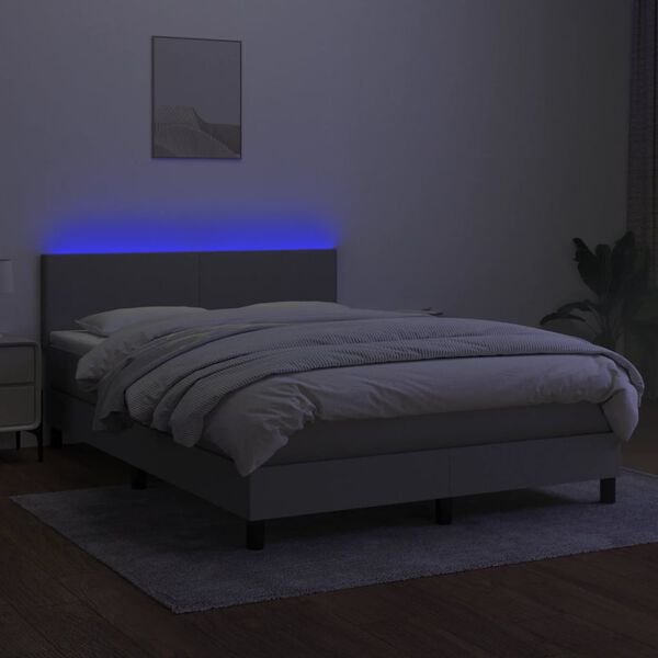 vidaXL Box spring postelja z vzmetnico LED svetlo siva 140x190cm blago