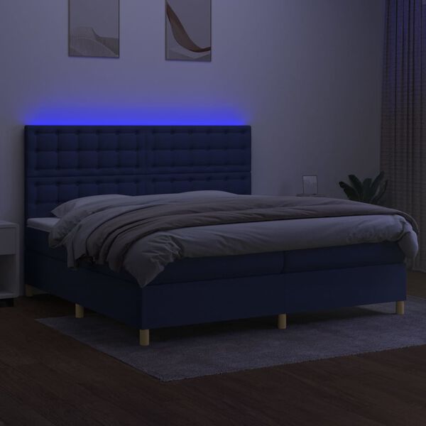 vidaXL Box spring postelja z vzmetnico LED modra 200x200 cm blago