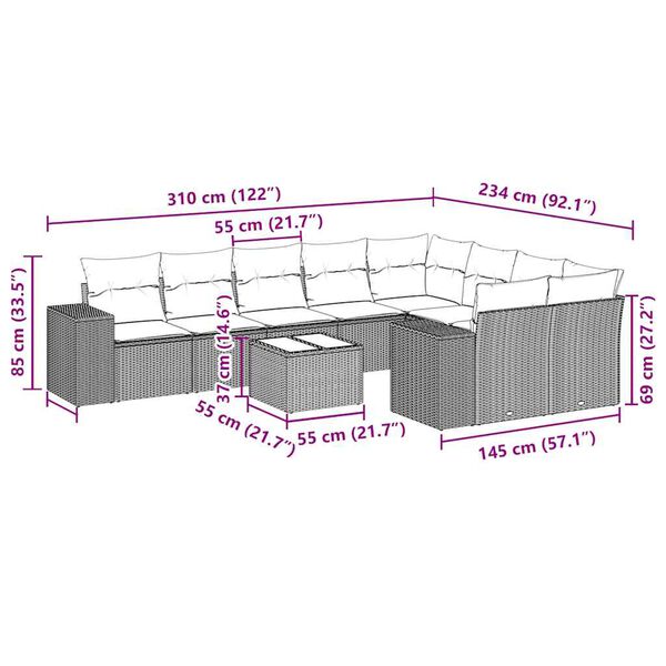 vidaXL Vrtna sedežna garnitura 10-delna z blazinami črn poli ratan