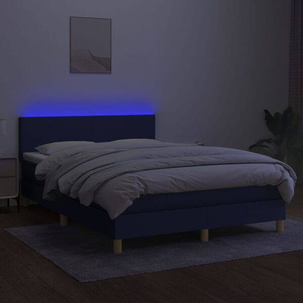vidaXL Box spring postelja z vzmetnico LED modra 140x190 cm blago