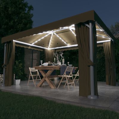 vidaXL Paviljon z zaveso in LED lučkami 4x3 m taupe