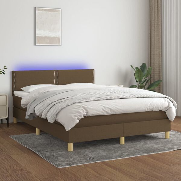 vidaXL Box spring postelja z vzmetnico LED temno rjava 140x190cm blago
