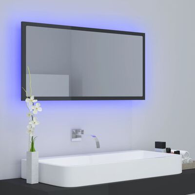 vidaXL LED kopalniško ogledalo visok sijaj sivo 90x8,5x37 cm akril