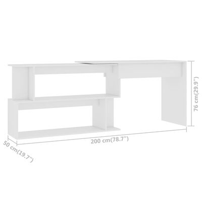 vidaXL Kotna pisalna miza bela 200x50x76 cm iverna plošča