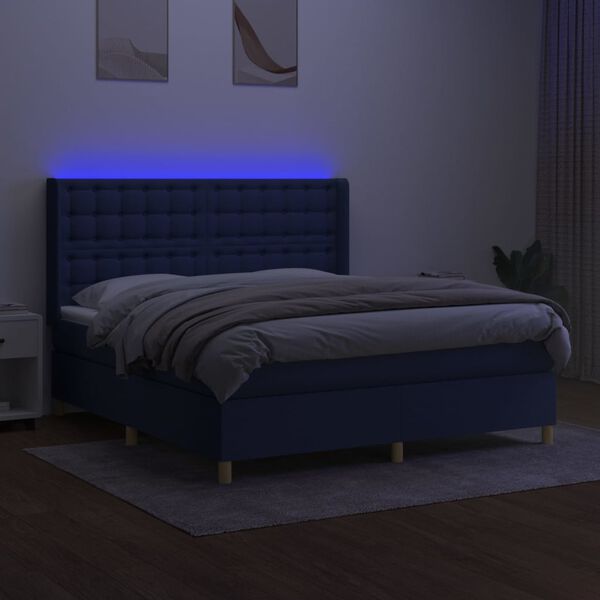 vidaXL Box spring postelja z vzmetnico LED modra 160x200 cm blago