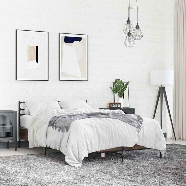 vidaXL Posteljni okvir rjav hrast 140x190 cm inženirski les in kovina