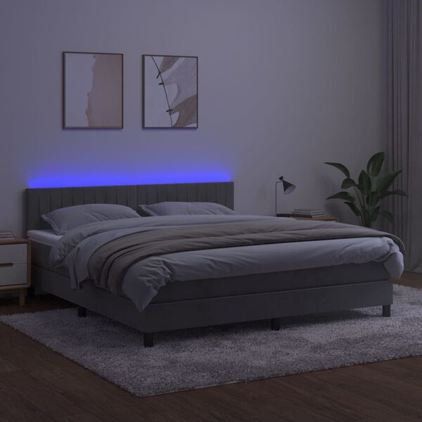 vidaXL Box spring postelja z vzmetnico LED svetlo siva 160x200cm žamet