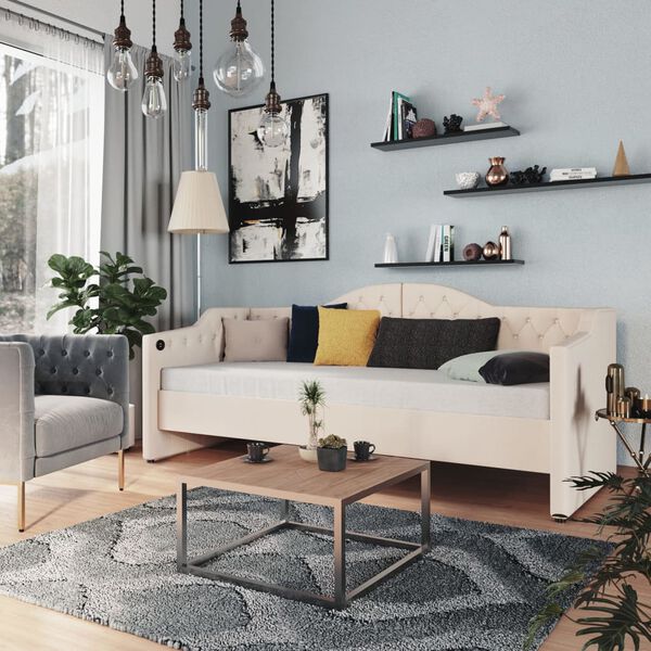 vidaXL Dnevna postelja z vzmetnico USB krem blago 90x200 cm