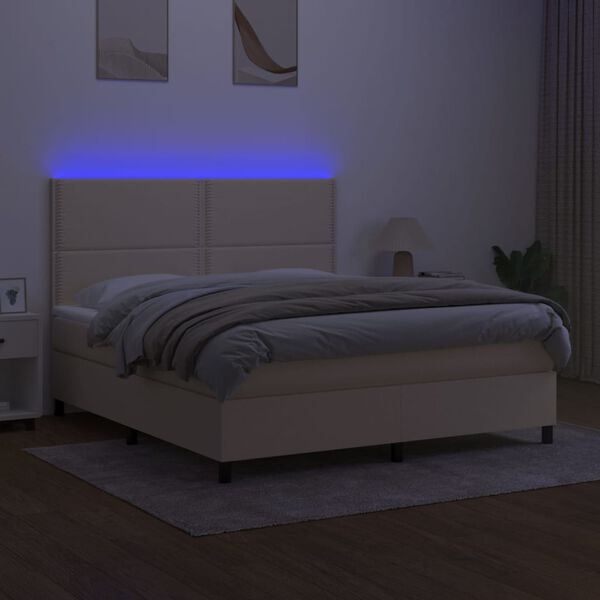 vidaXL Box spring postelja z vzmetnico LED krem 160x200 cm blago
