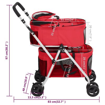 vidaXL Zložljiv pasji voziček 2-nadstropni rdeč 83x48x97 cm blago