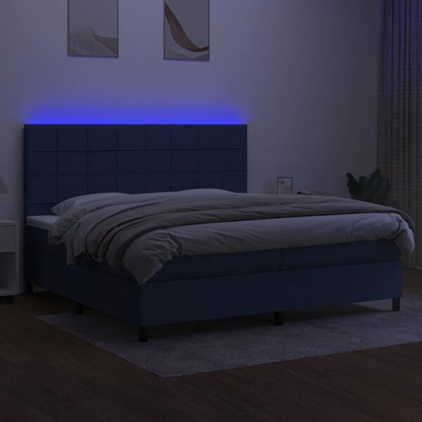vidaXL Box spring postelja z vzmetnico LED modra 200x200 cm blago
