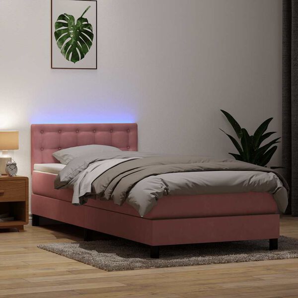 vidaXL Box spring postelja z vzmetnico LED roza 80x220 cm žamet
